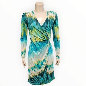 TOMMY BAHAMA Blue Green Tie Dye Faux Wrap Jersey Lyocell Dress XS